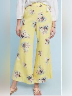 Anthropologie Feather Bone Talese yellow floral wide-leg crop pants